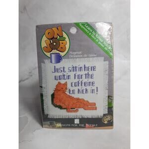 Vtg Designs For The Needle Learn To Cross Stitch Mugmat Kit 2017 Caffeine Cat